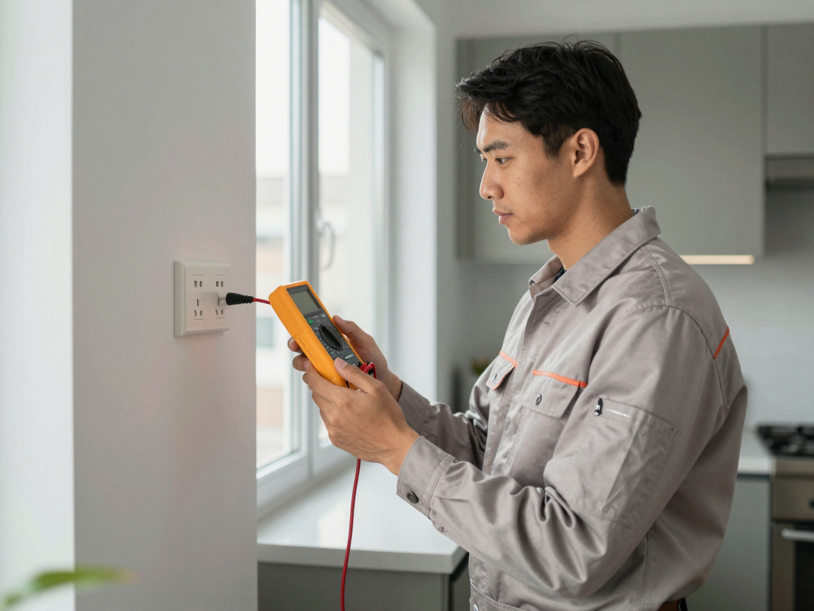 Electrician inspecting wall outlet during electrical safety inspection